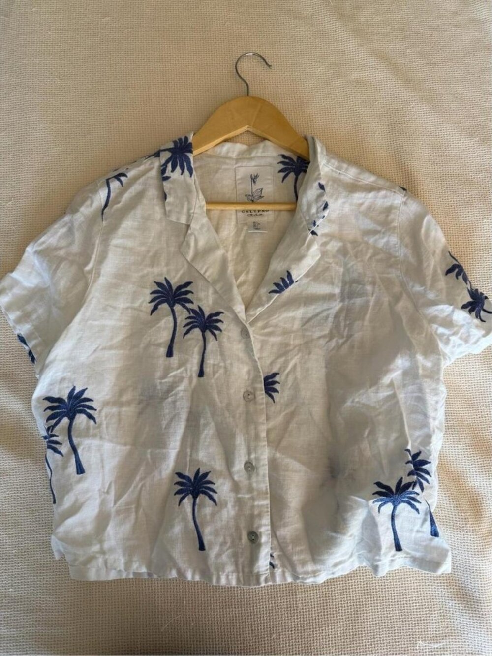 Calypso St. Barth 100% Linen Women's Cream Palm-Print Shirt